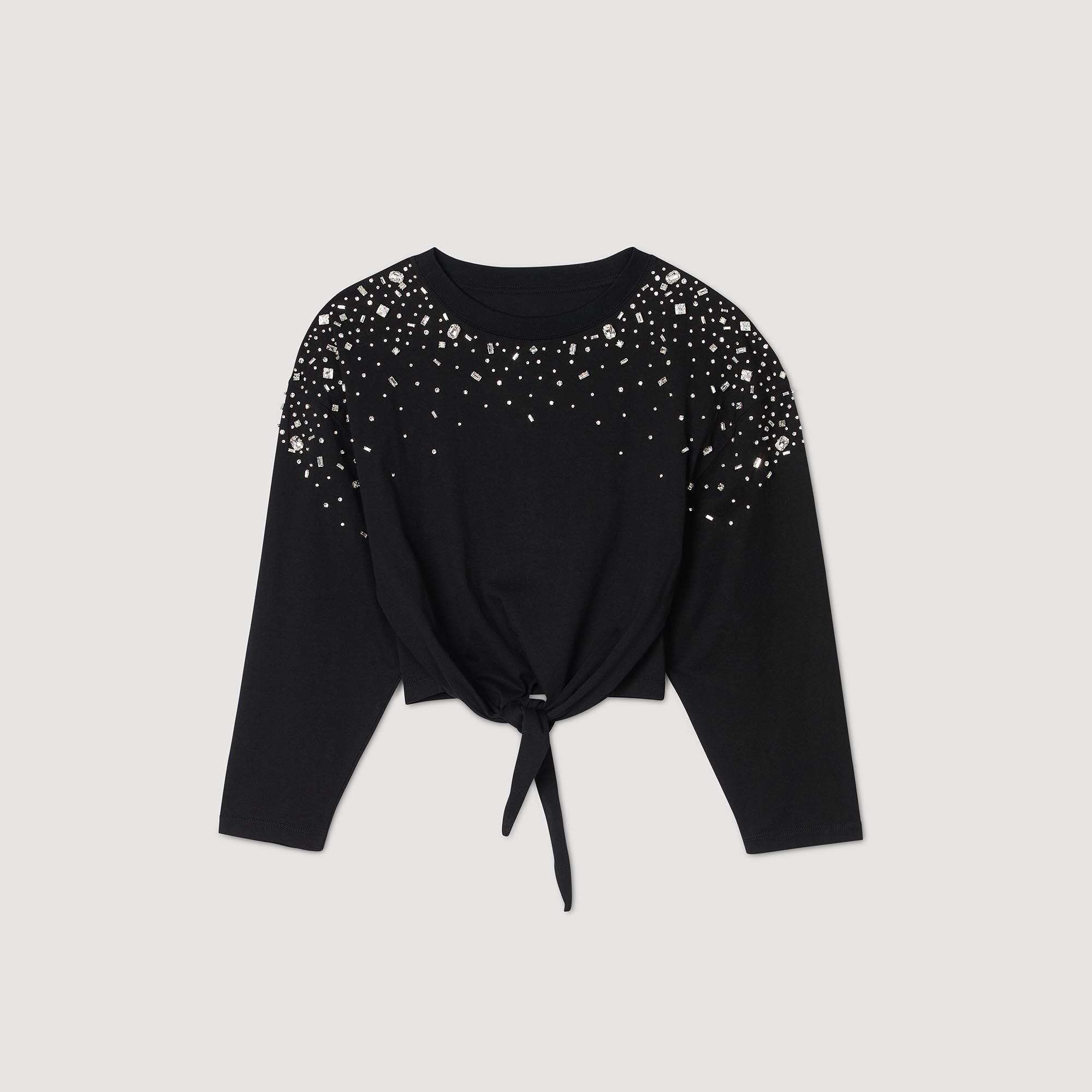 Rhinestone Tie-Front T-Shirt Black