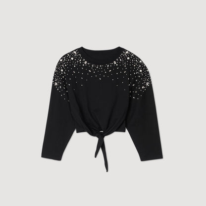 Rhinestone Tie-Front T-Shirt Black