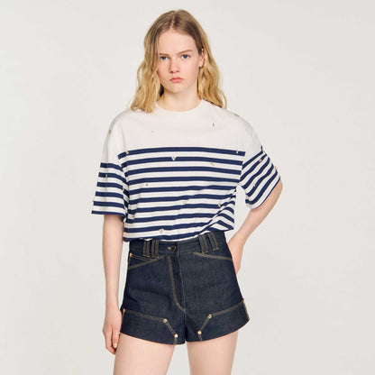 Rhinestone Breton T-Shirt Blu / White