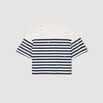 Rhinestone Breton T-Shirt Blu / White