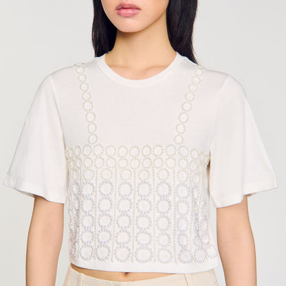 Beaded Cropped T-Shirt White