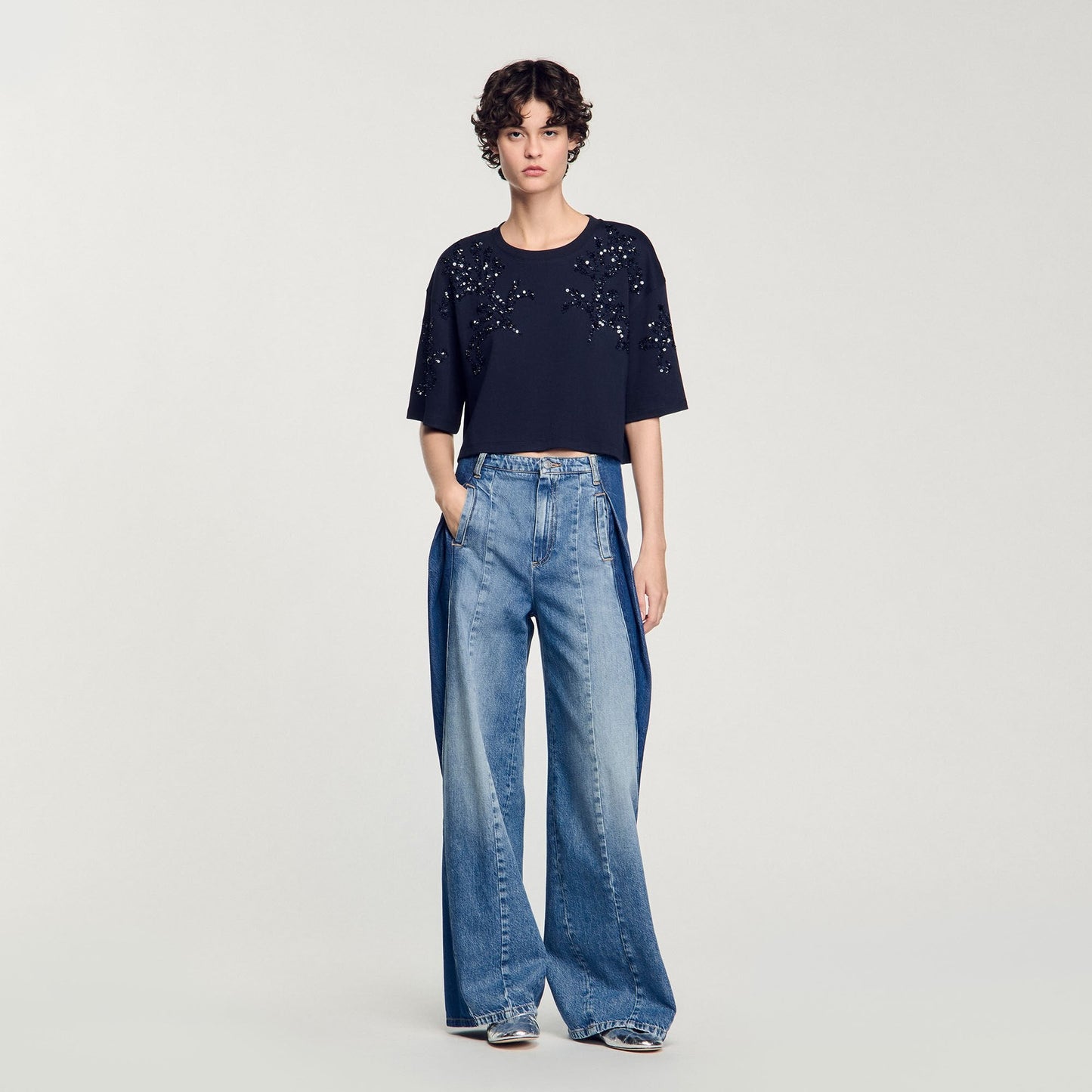 T-Shirt With Beaded Details Navy Blue