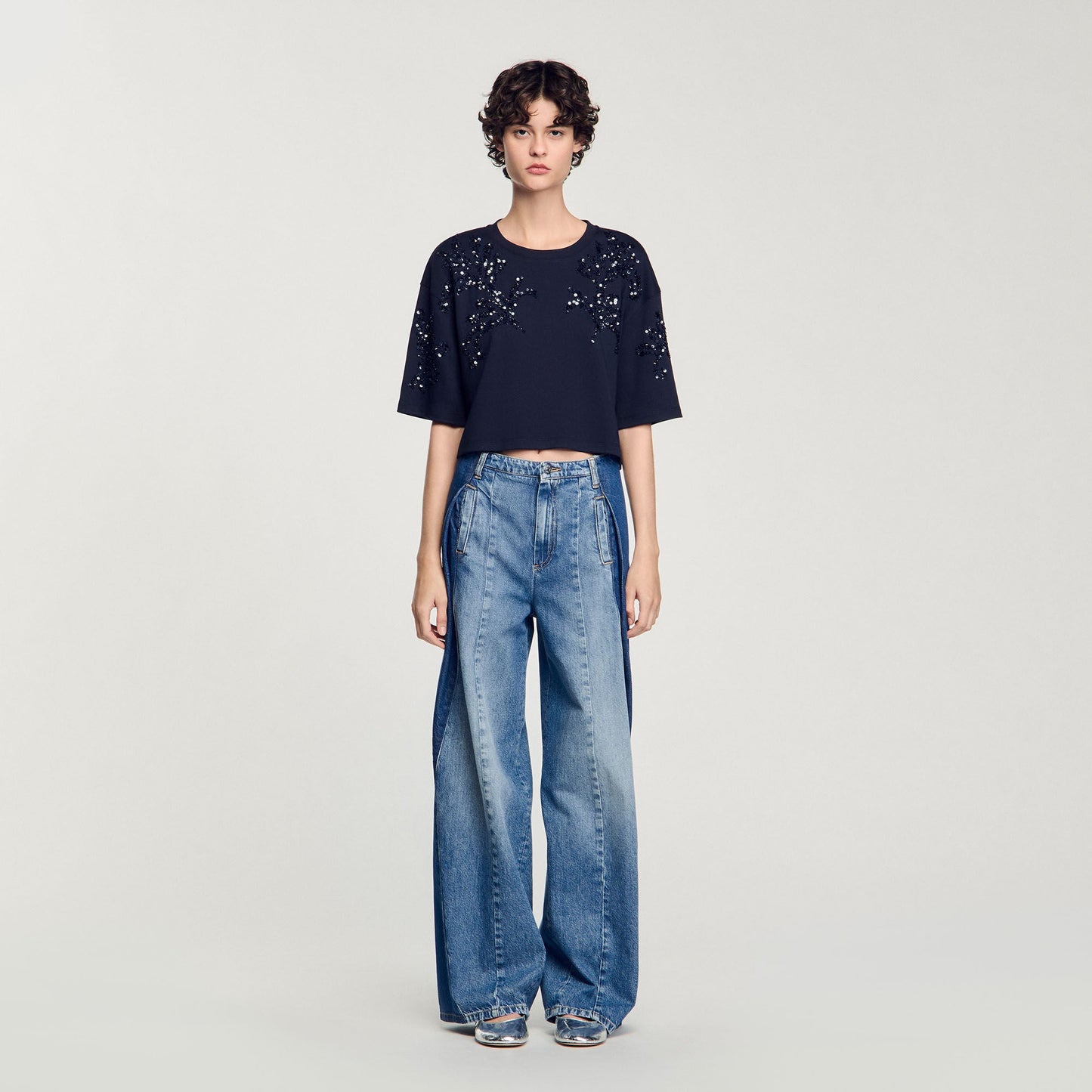 T-Shirt With Beaded Details Navy Blue