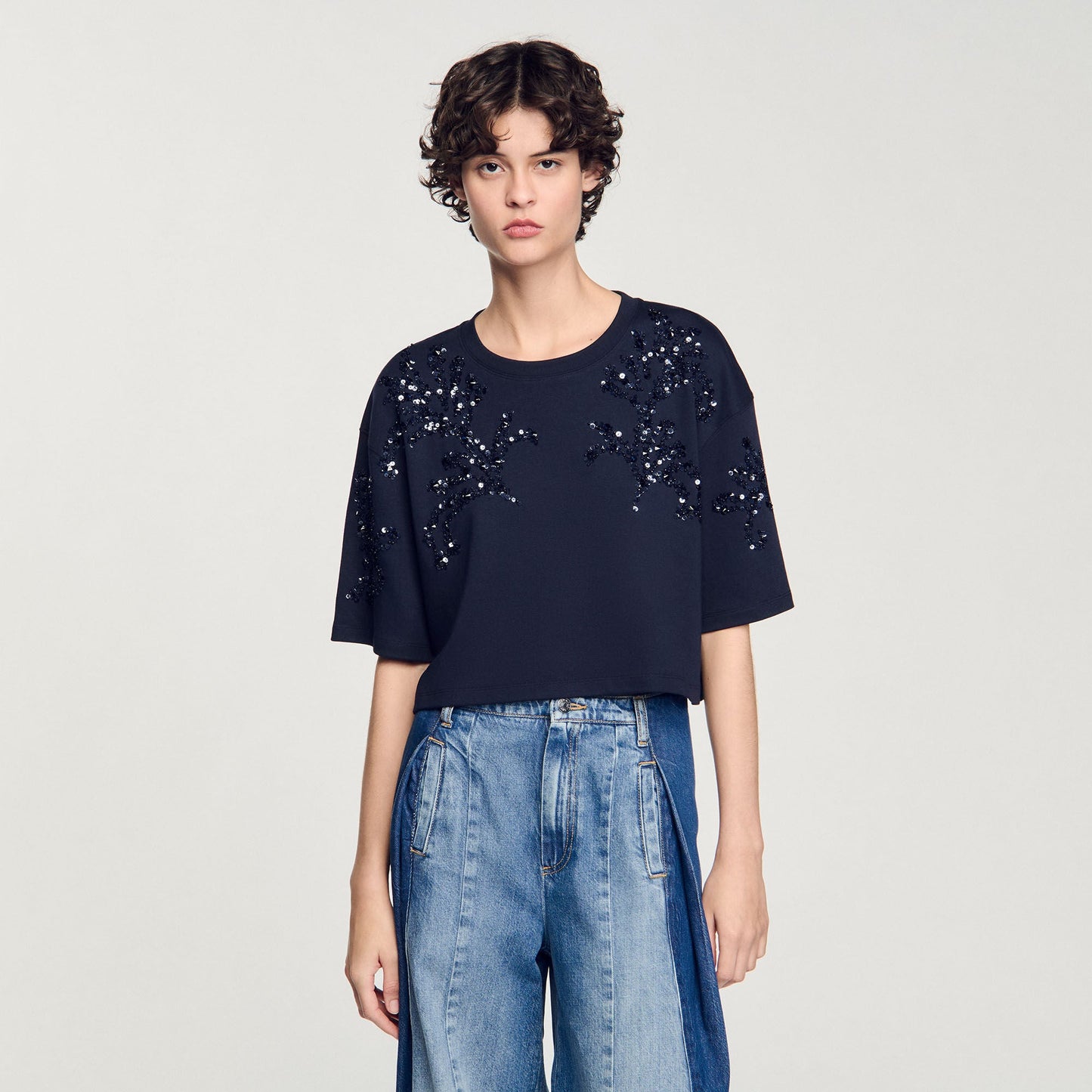 T-Shirt With Beaded Details Navy Blue