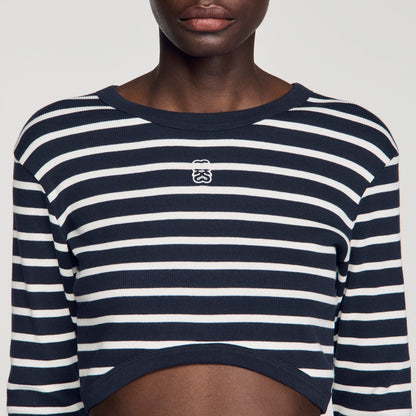 Lyvie Cropped Striped Cotton T-Shirt Marine / Blanc