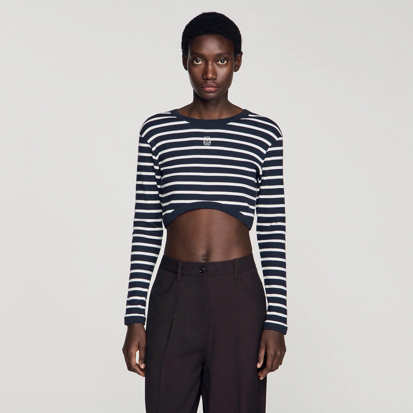 Lyvie Cropped Striped Cotton T-Shirt Marine / Blanc