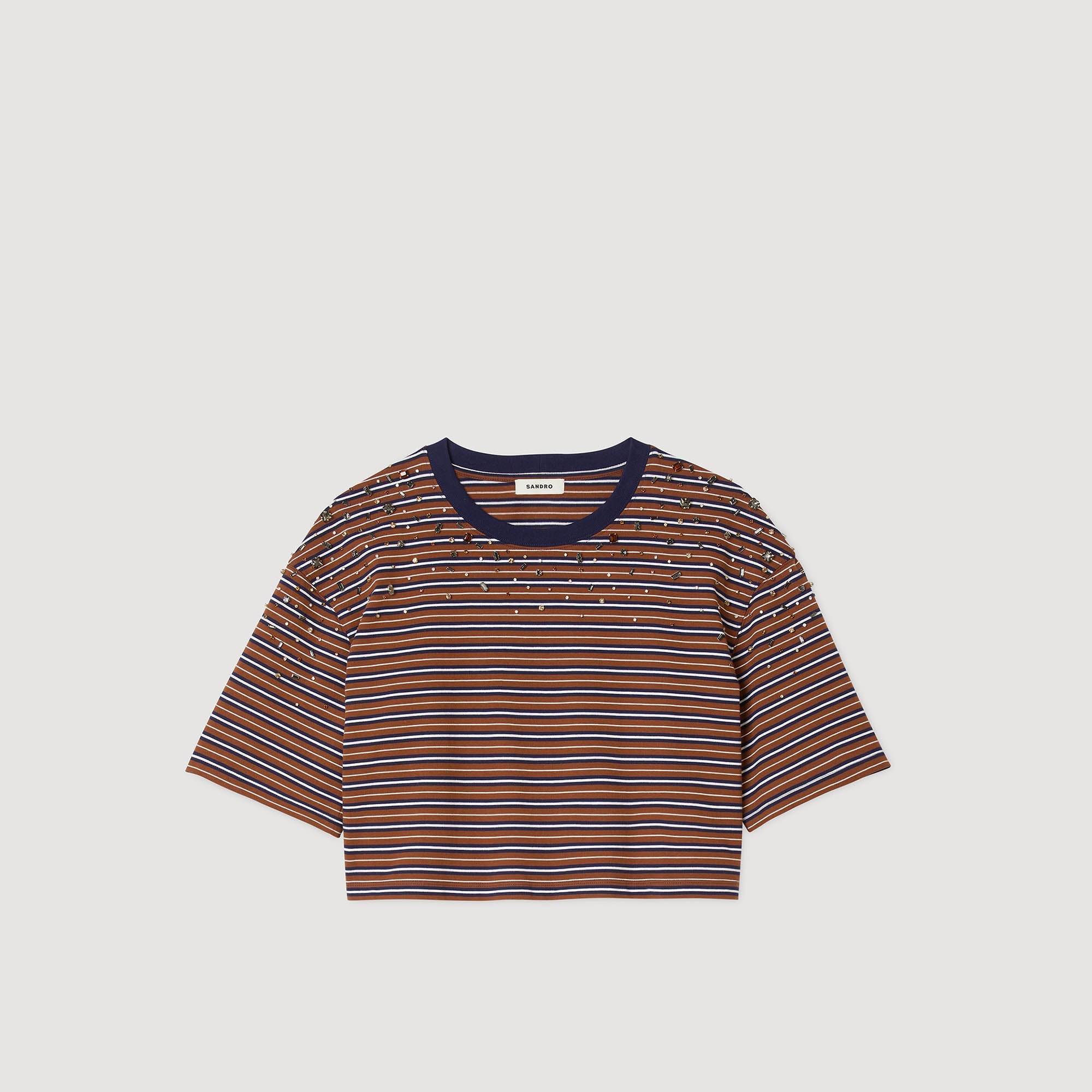Aristee Striped Rhinestone T-Shirt Brown / Deep Blu