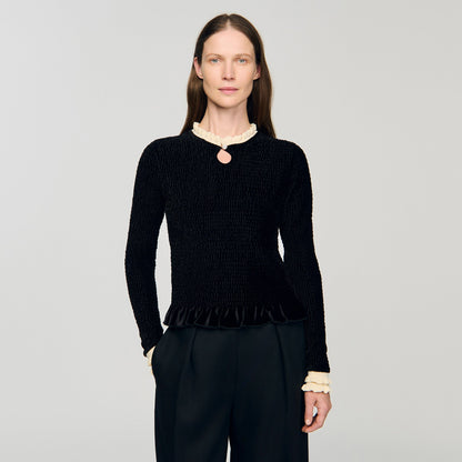 Eugenie Smocked T-Shirt Black / Ecru