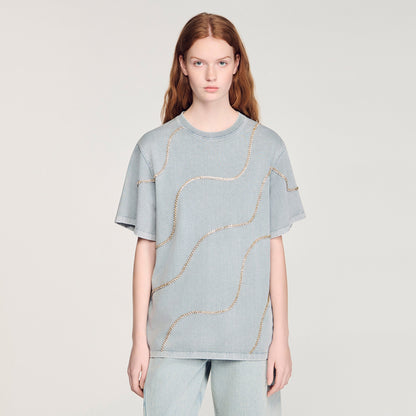 Strass Wave Rhinestone T-Shirt Grey