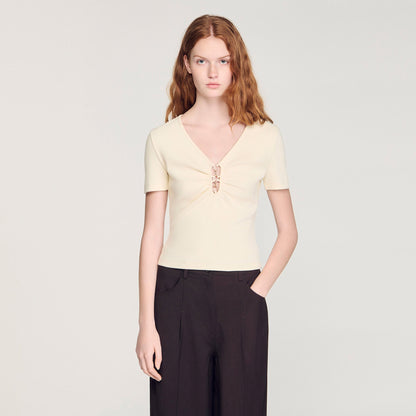 Thalia Jewelled Cropped Cotton T-Shirt Ecru