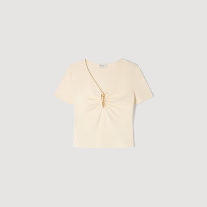 Thalia Jewelled Cropped Cotton T-Shirt Ecru