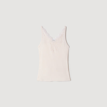 Sofie Ribbed Vest Top With Lace Ecru