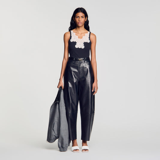 Sofie Ribbed Vest Top With Lace Black