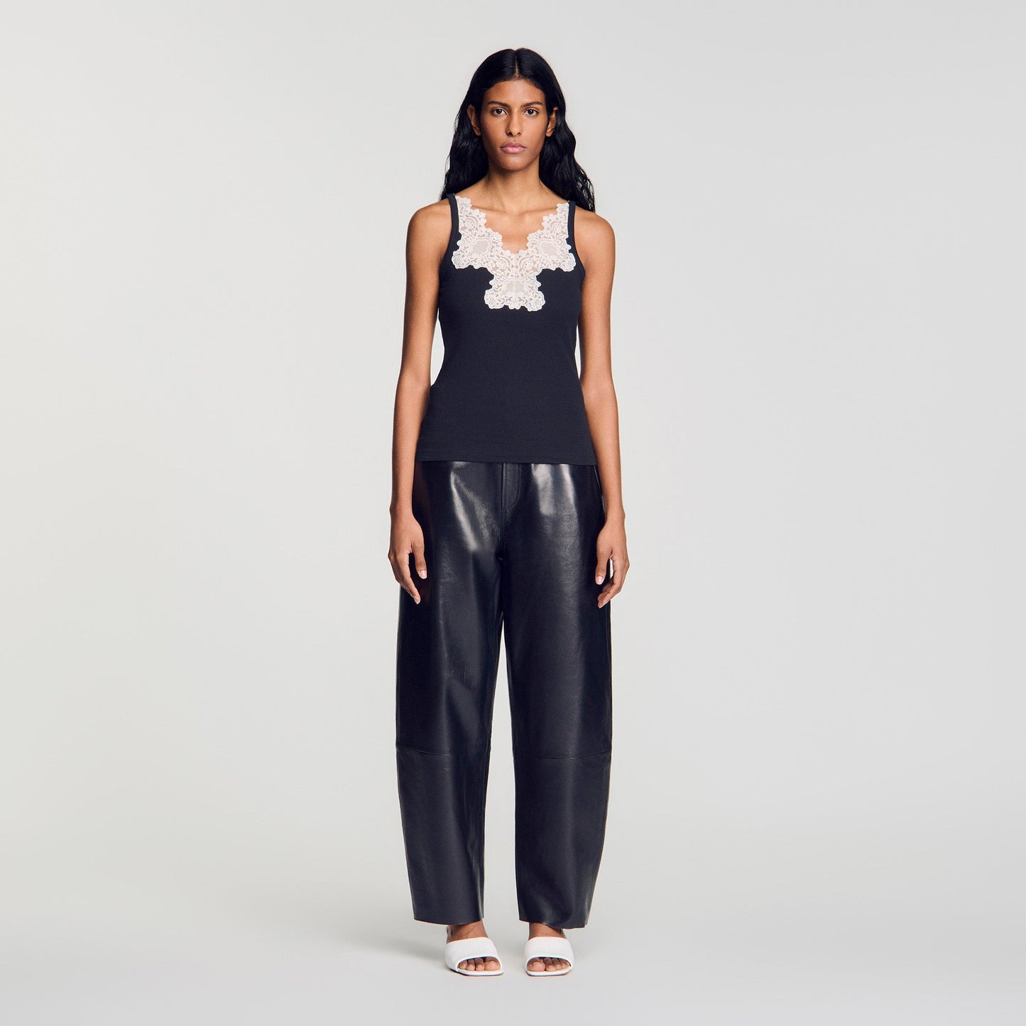 Sofie Ribbed Vest Top With Lace Black