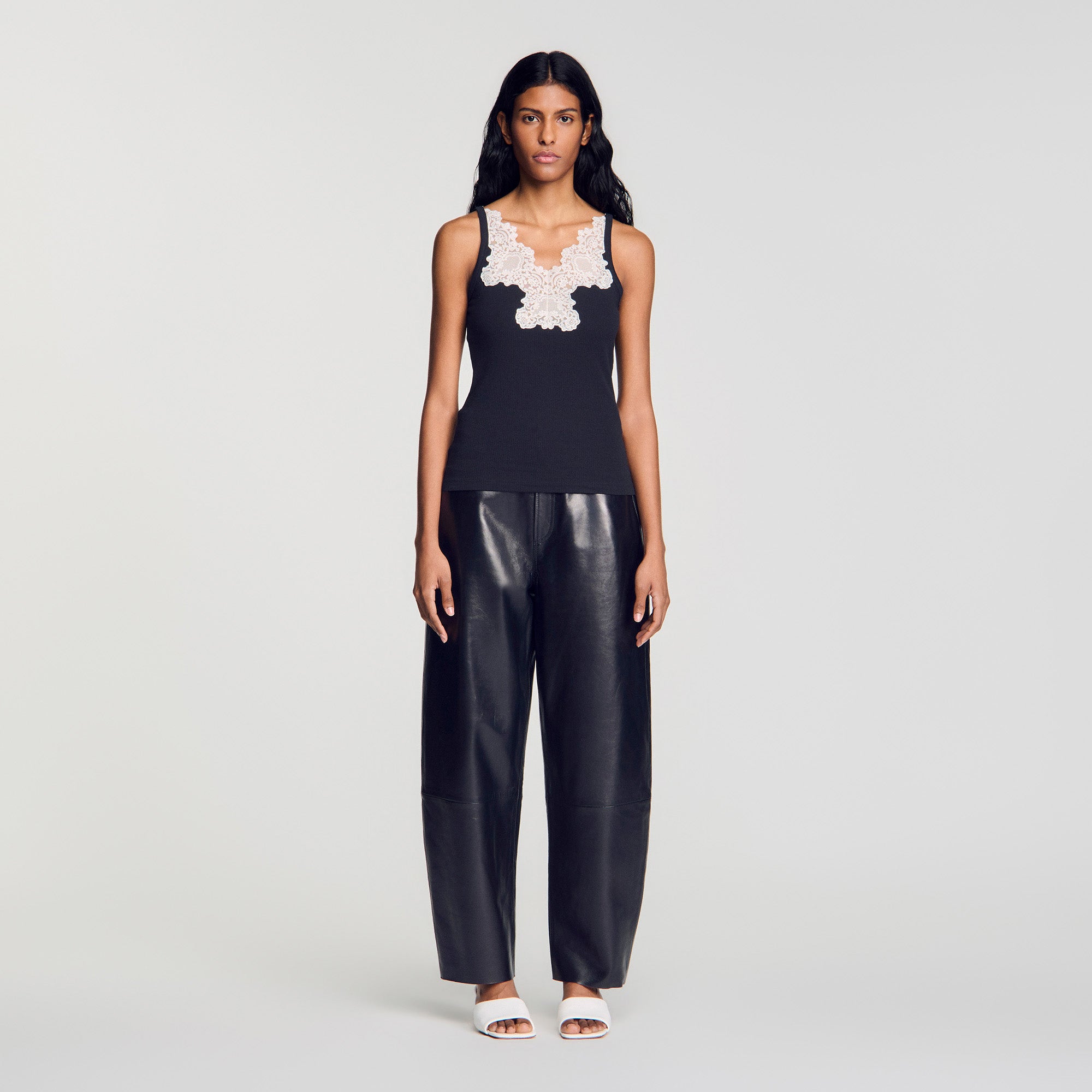 Sofie Ribbed Vest Top With Lace Black