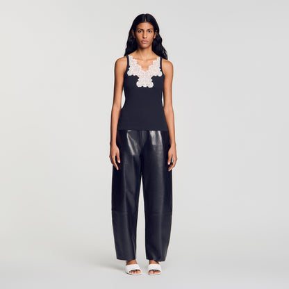 Sofie Ribbed Vest Top With Lace Black