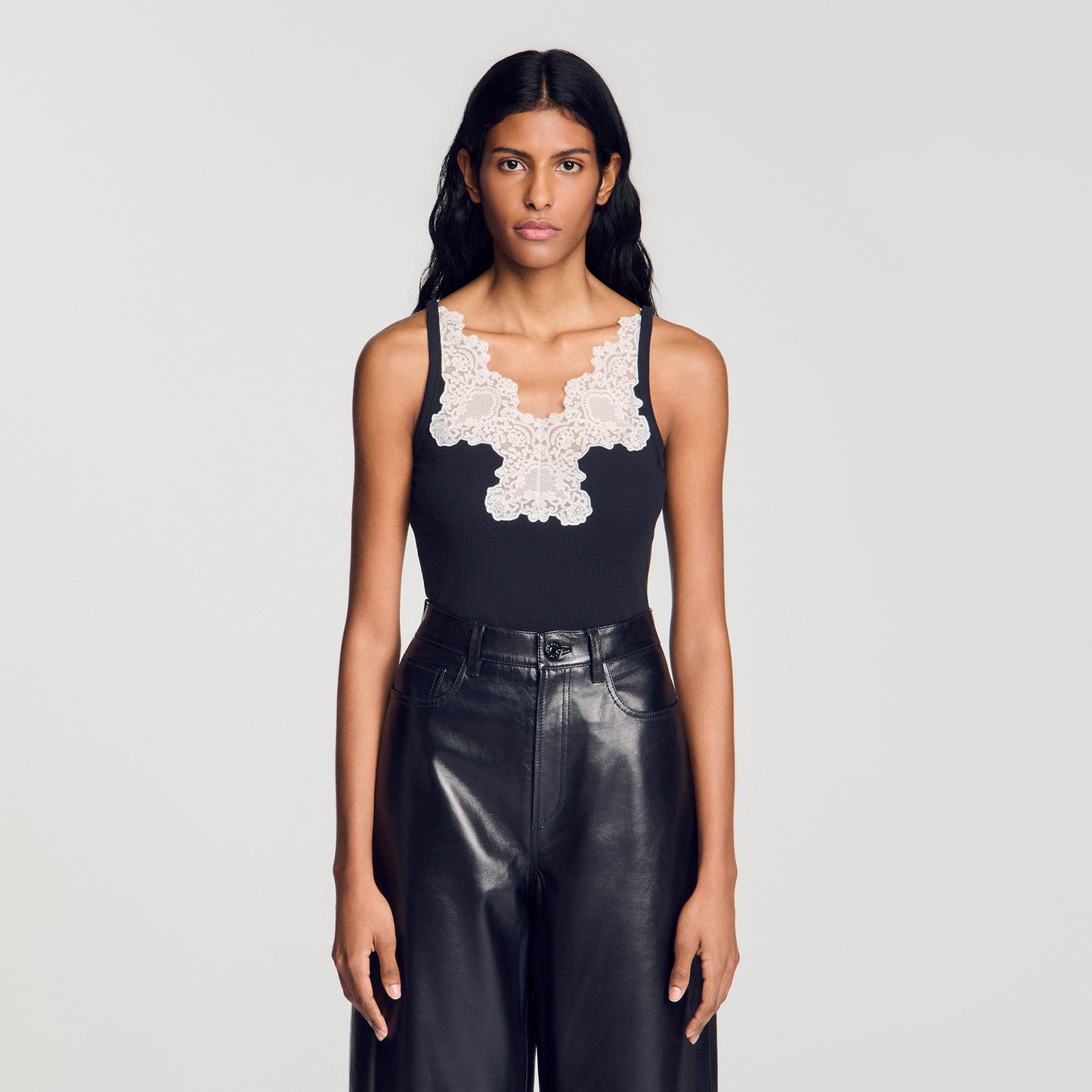 Sofie Ribbed Vest Top With Lace Black