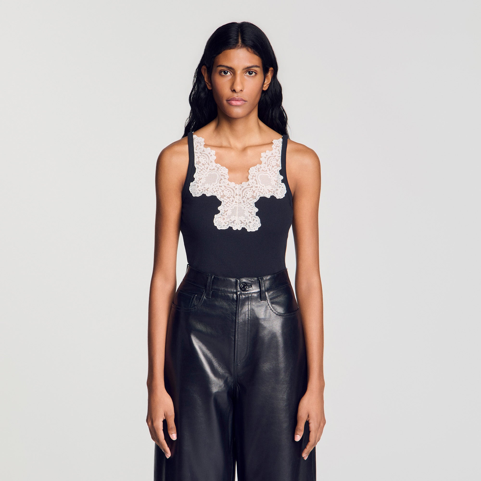 Sofie Ribbed Vest Top With Lace Black