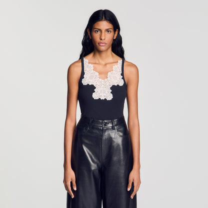 Sofie Ribbed Vest Top With Lace Black