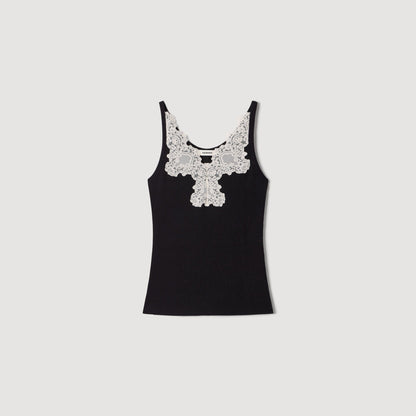 Sofie Ribbed Vest Top With Lace Black