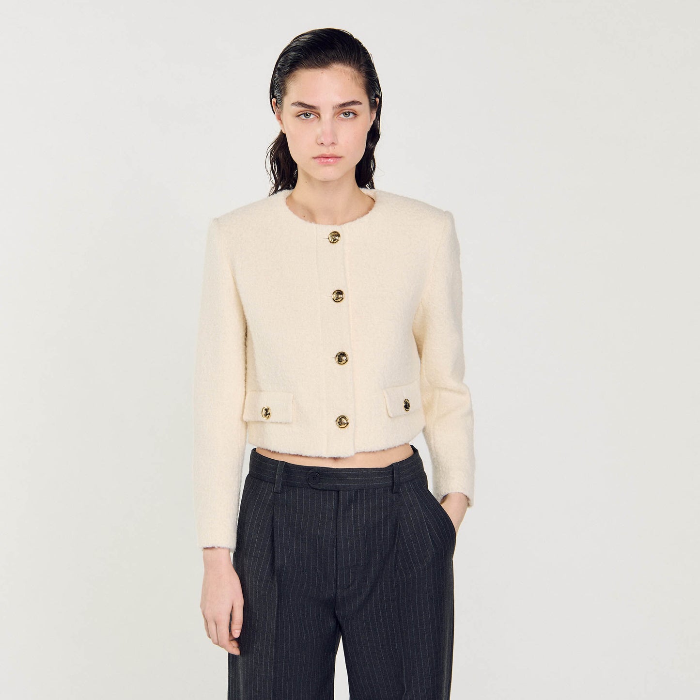 Cropped Bouclé Wool Jacket white