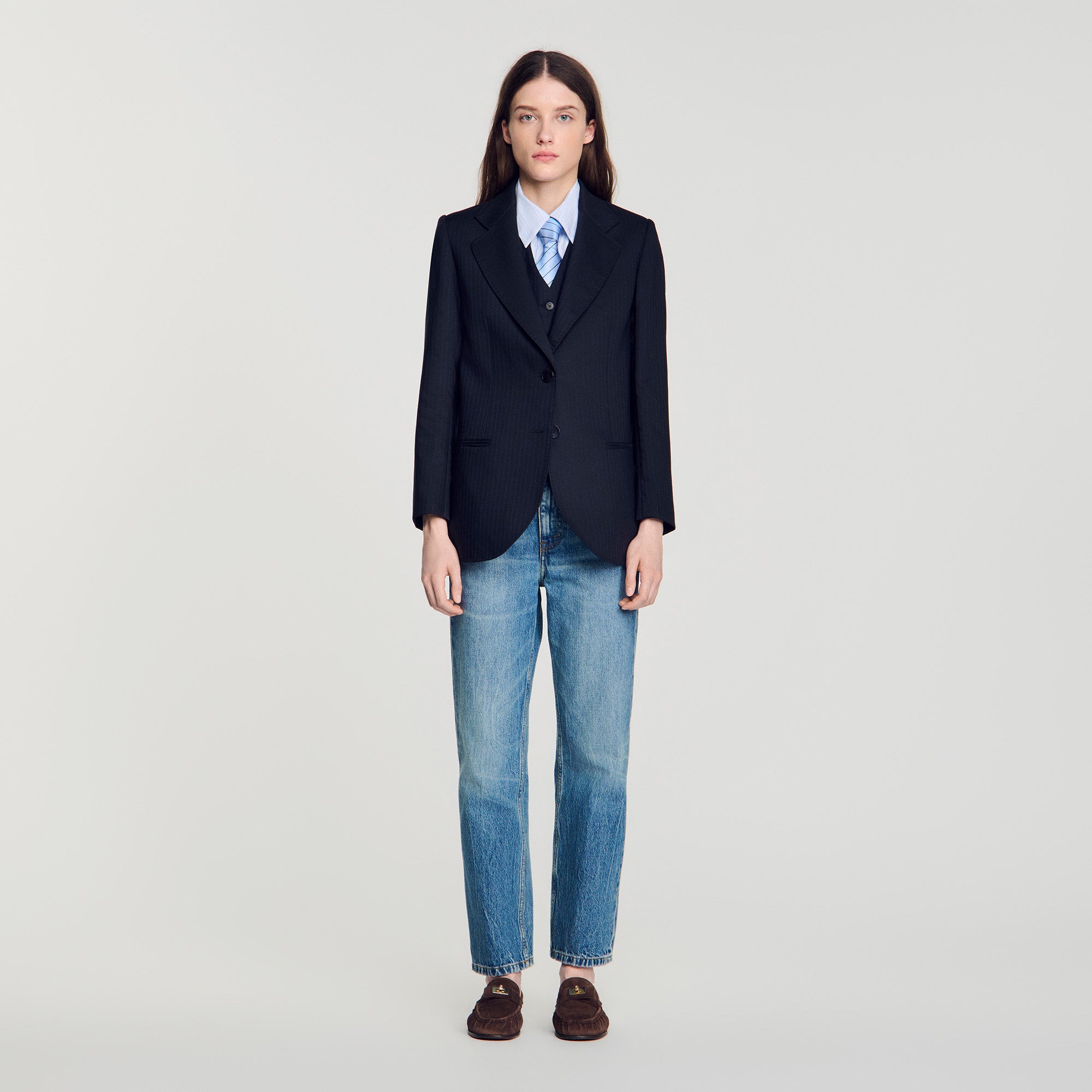 Arancella Striped Suit Jacket Navy Blue