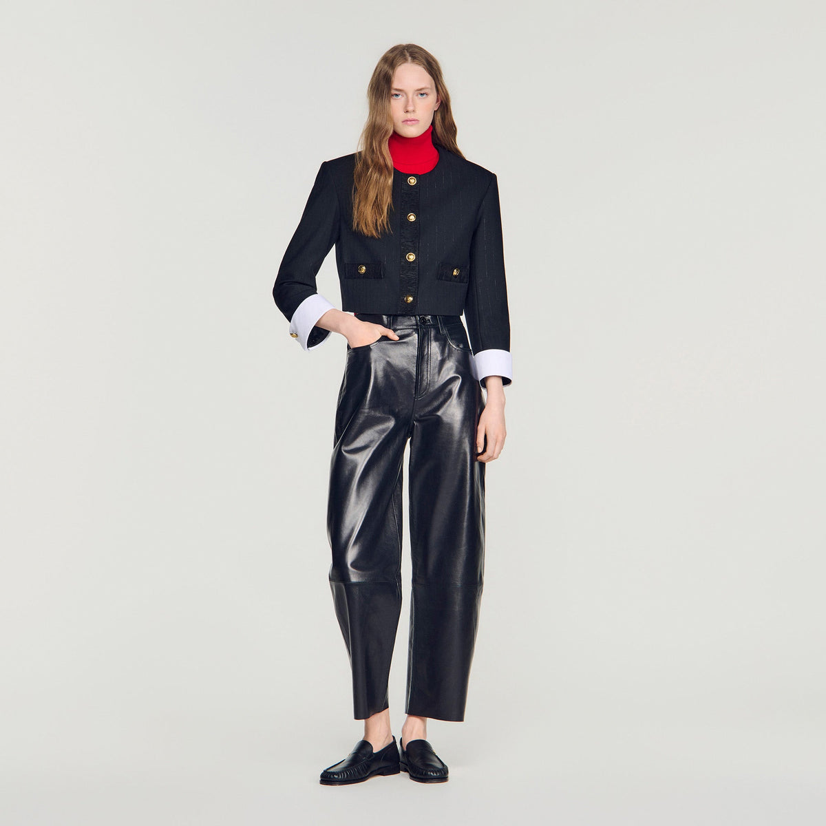 Savannah Cropped Striped Wool Jacket Black