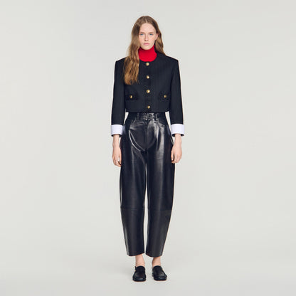 Savannah Cropped Striped Wool Jacket Black