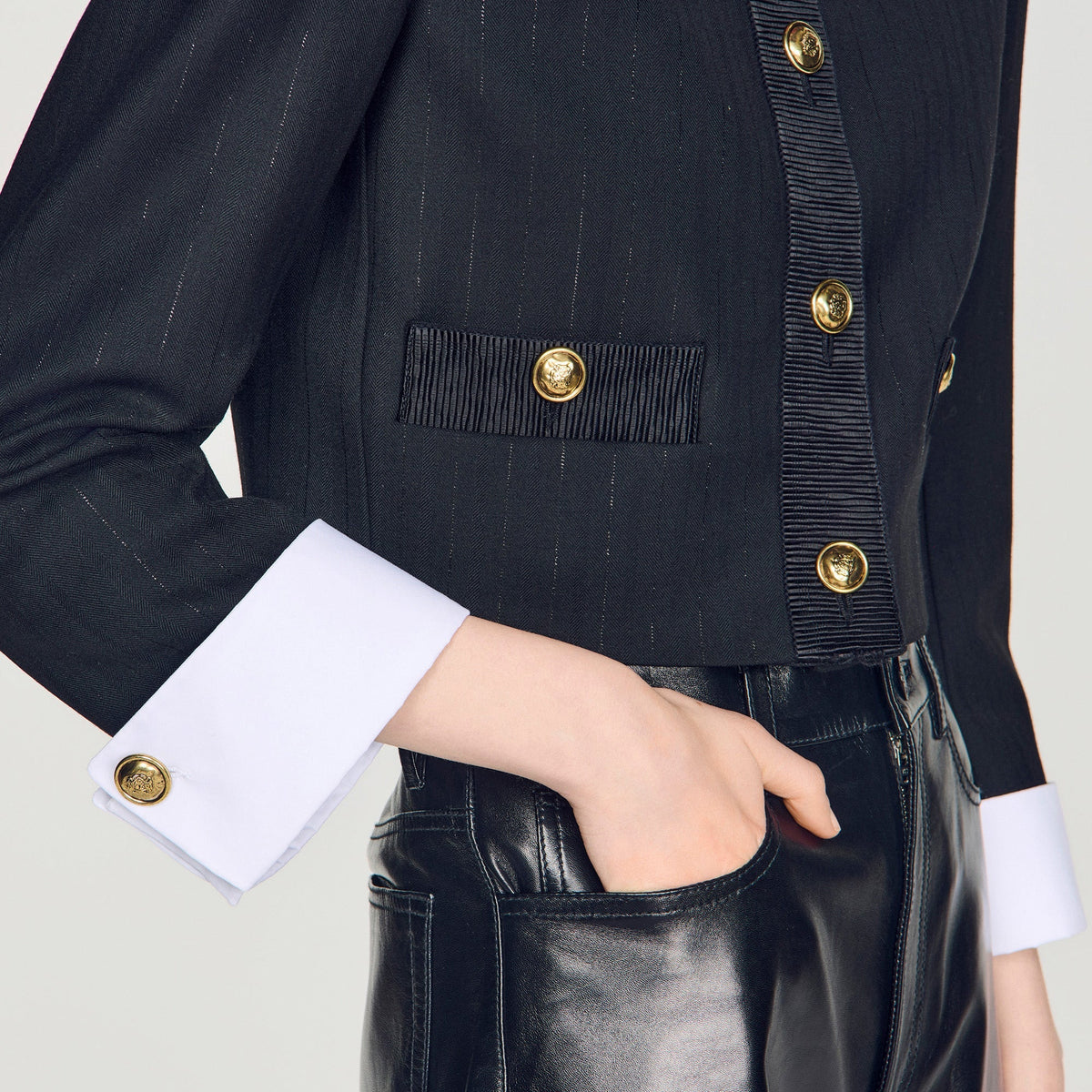 Savannah Cropped Striped Wool Jacket Black