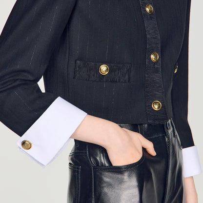 Savannah Cropped Striped Wool Jacket Black