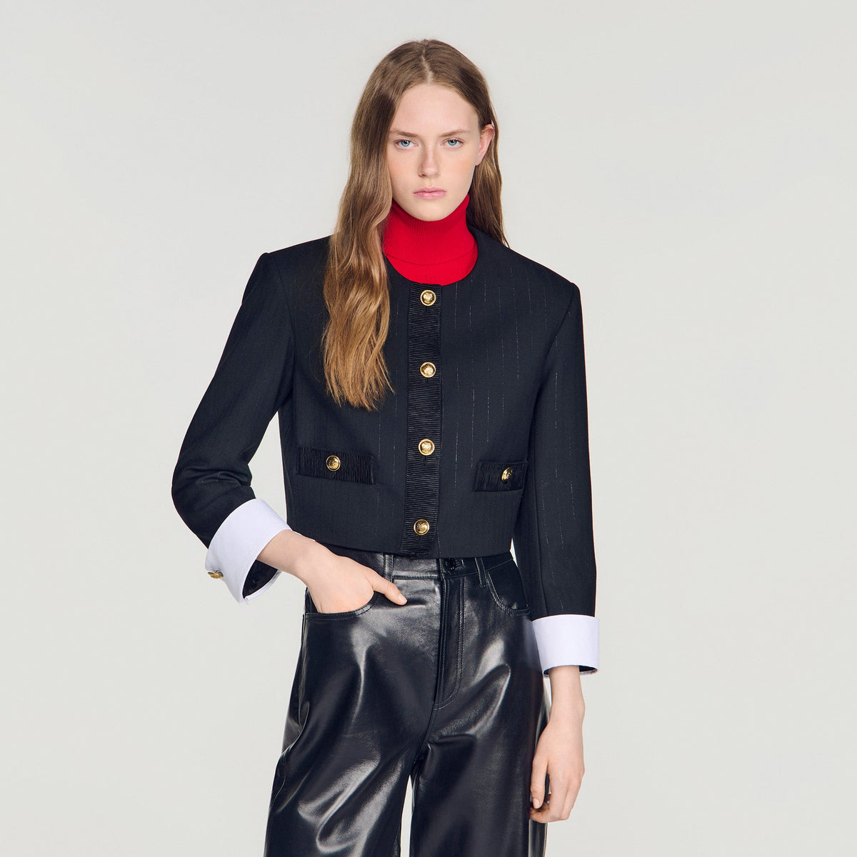Savannah Cropped Striped Wool Jacket Black