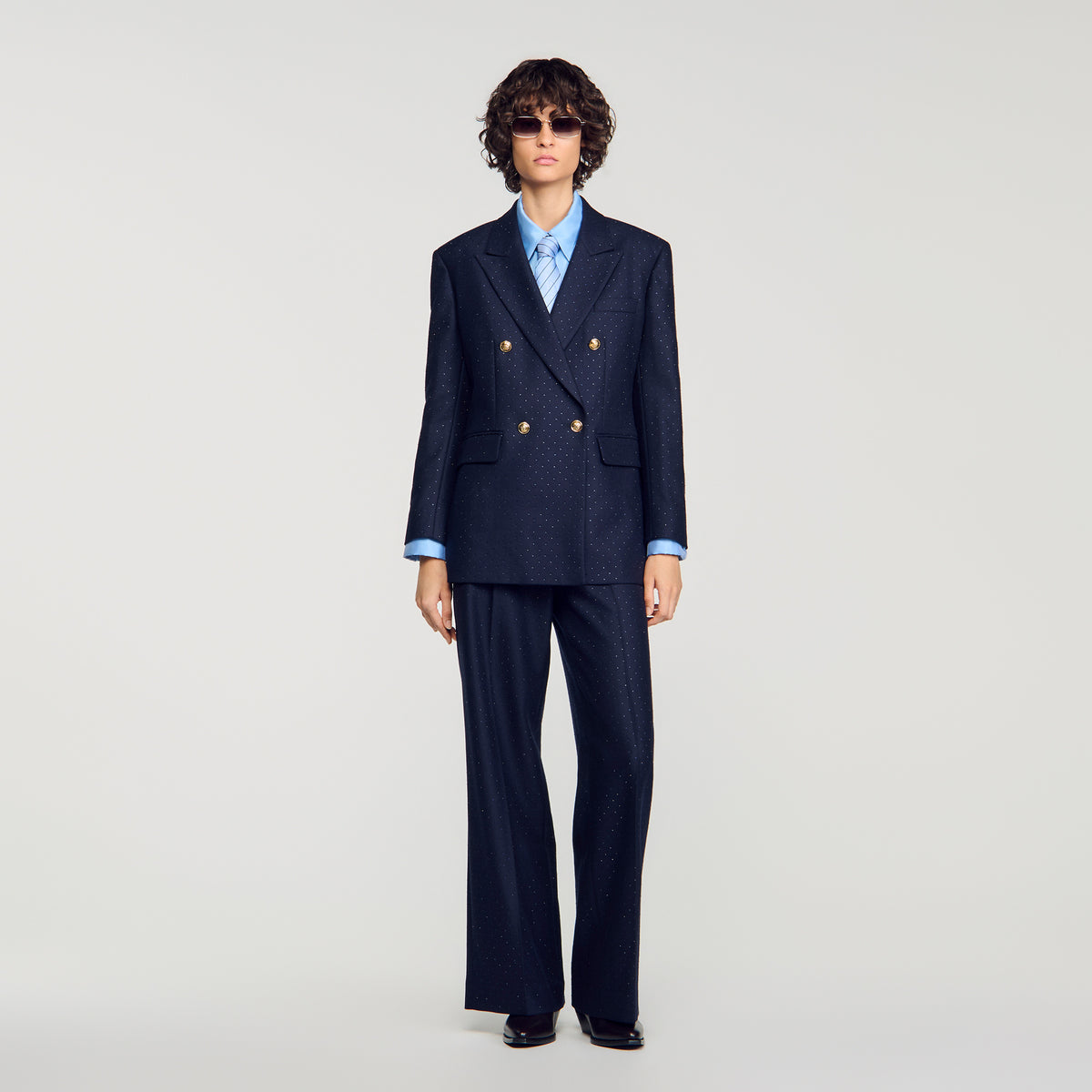 Flore Rhinestone wool suit jacket Navy Blue