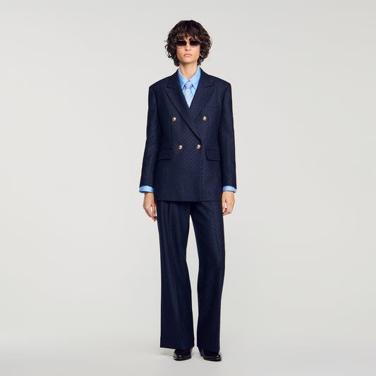 Flore Rhinestone wool suit jacket Navy Blue