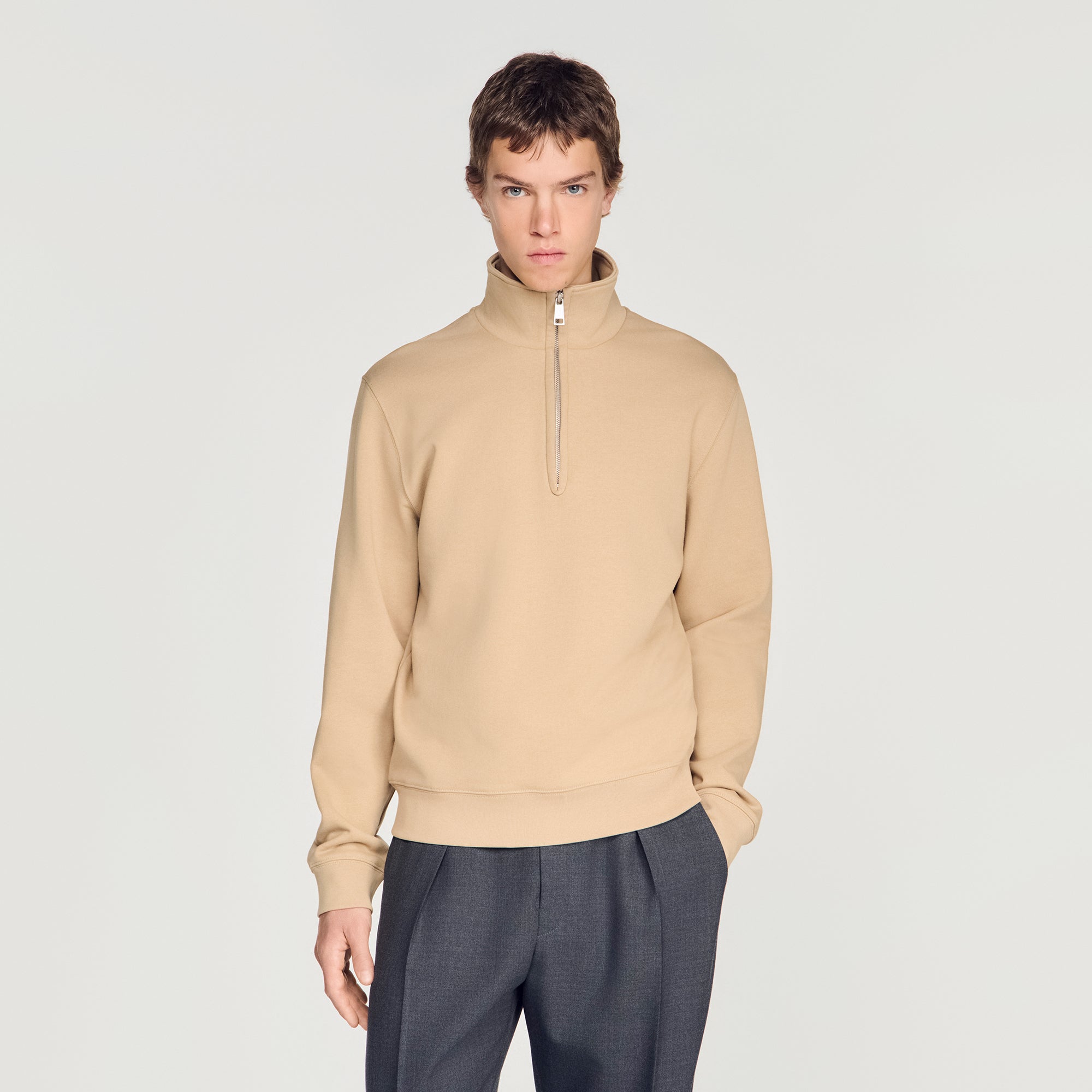 Half Zip Sweater Cotton Sweatshirt Cappucino