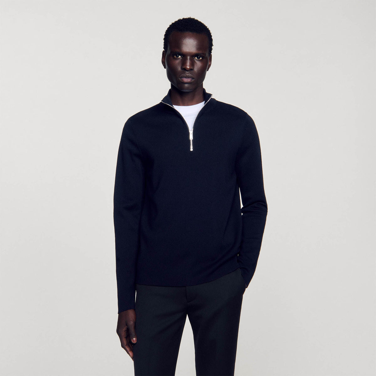 Zip Sweater Wool Sweater With Zipped Collar Carbon Black