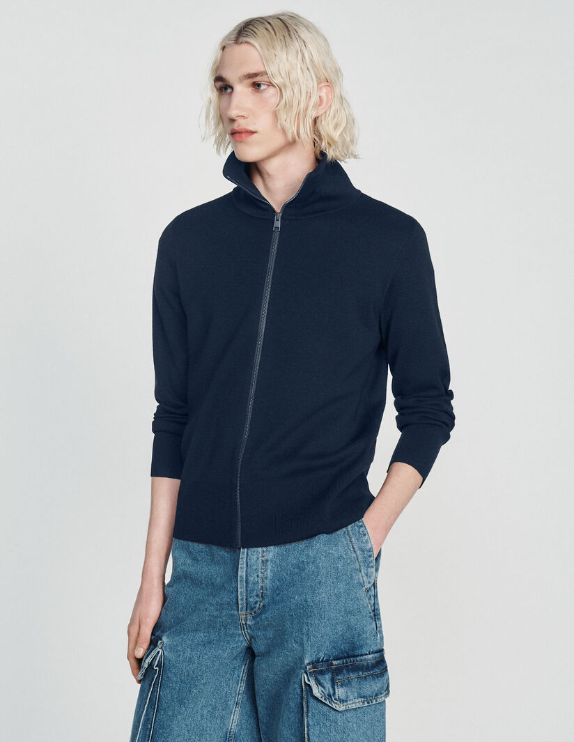 Trucker Cardigan Zip-Up Wool Cardigan Navy Blue