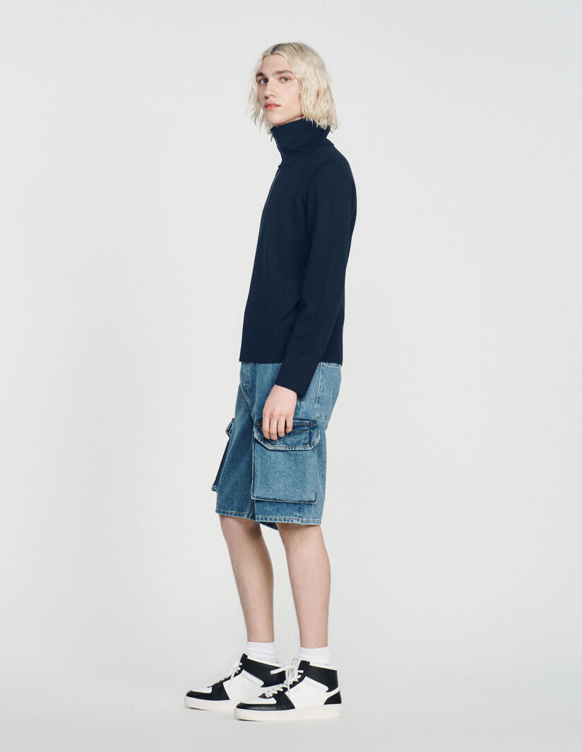 Trucker Cardigan Zip-Up Wool Cardigan Navy Blue