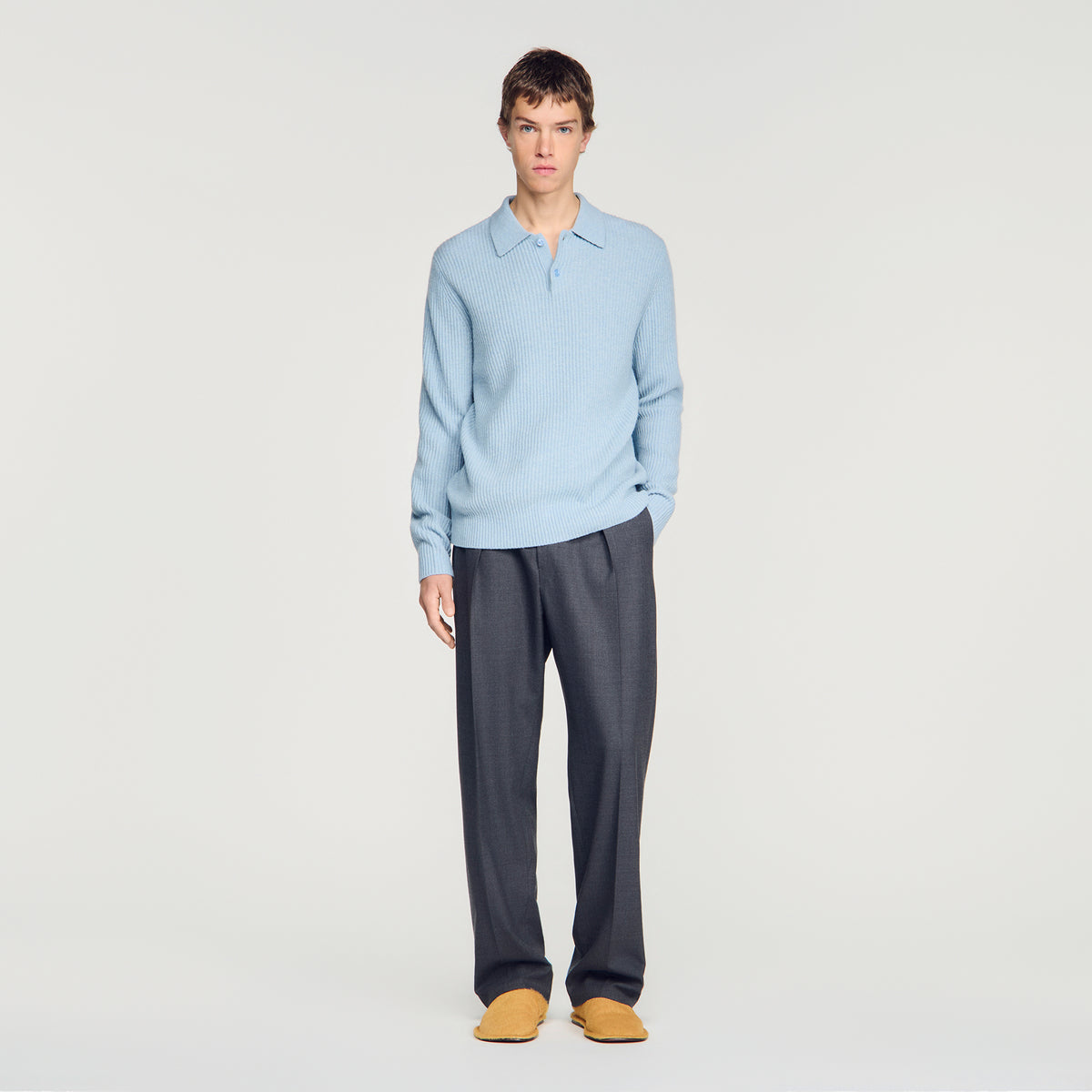 Leonardo Ribbed wool polo shirt Blue Sky