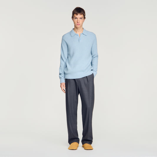 Leonardo Ribbed wool polo shirt Blue Sky