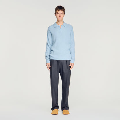 Leonardo Ribbed wool polo shirt Blue Sky