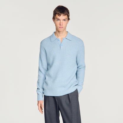 Leonardo Ribbed wool polo shirt Blue Sky