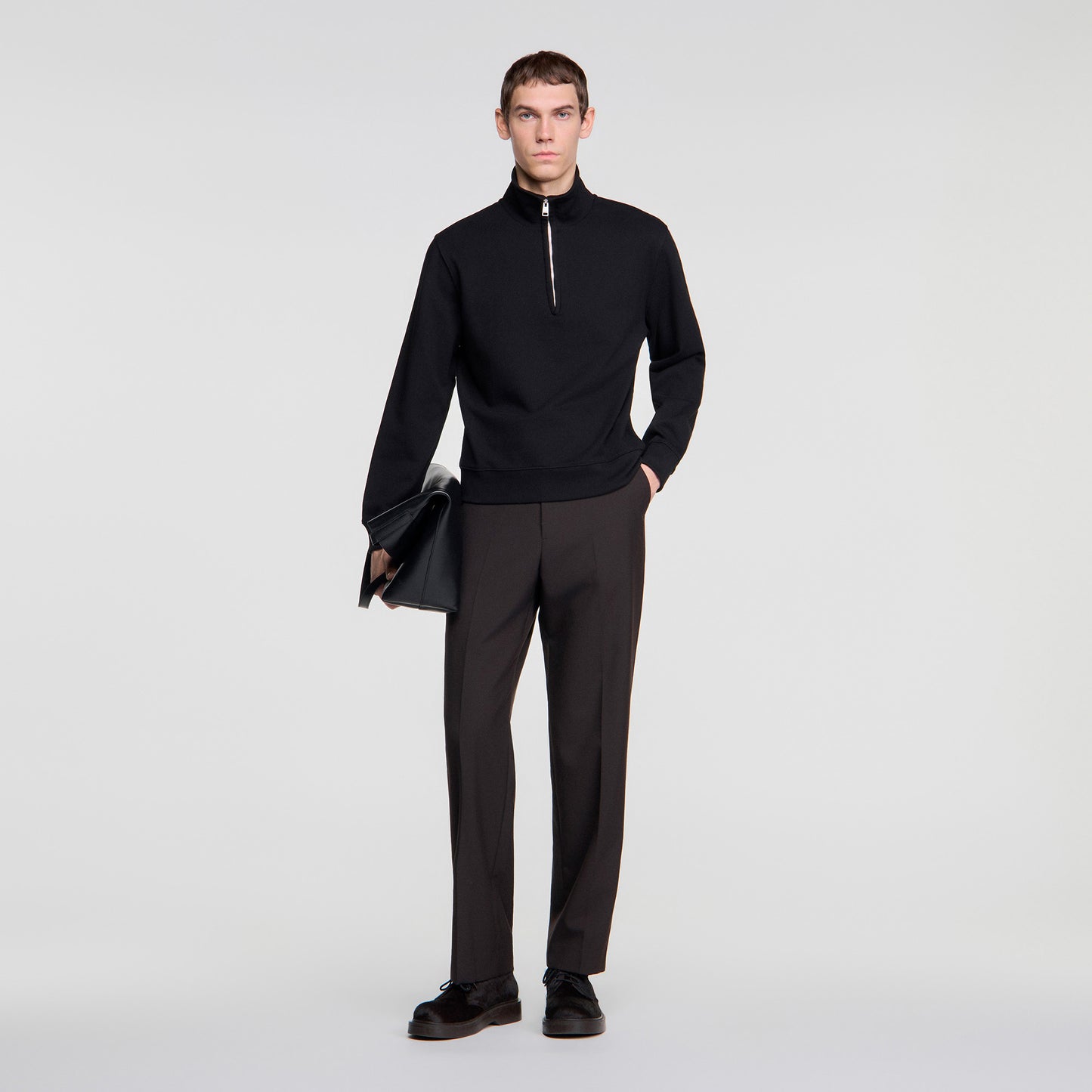 Half Zip Cotton Wool Boxy jumper with standing collar Black