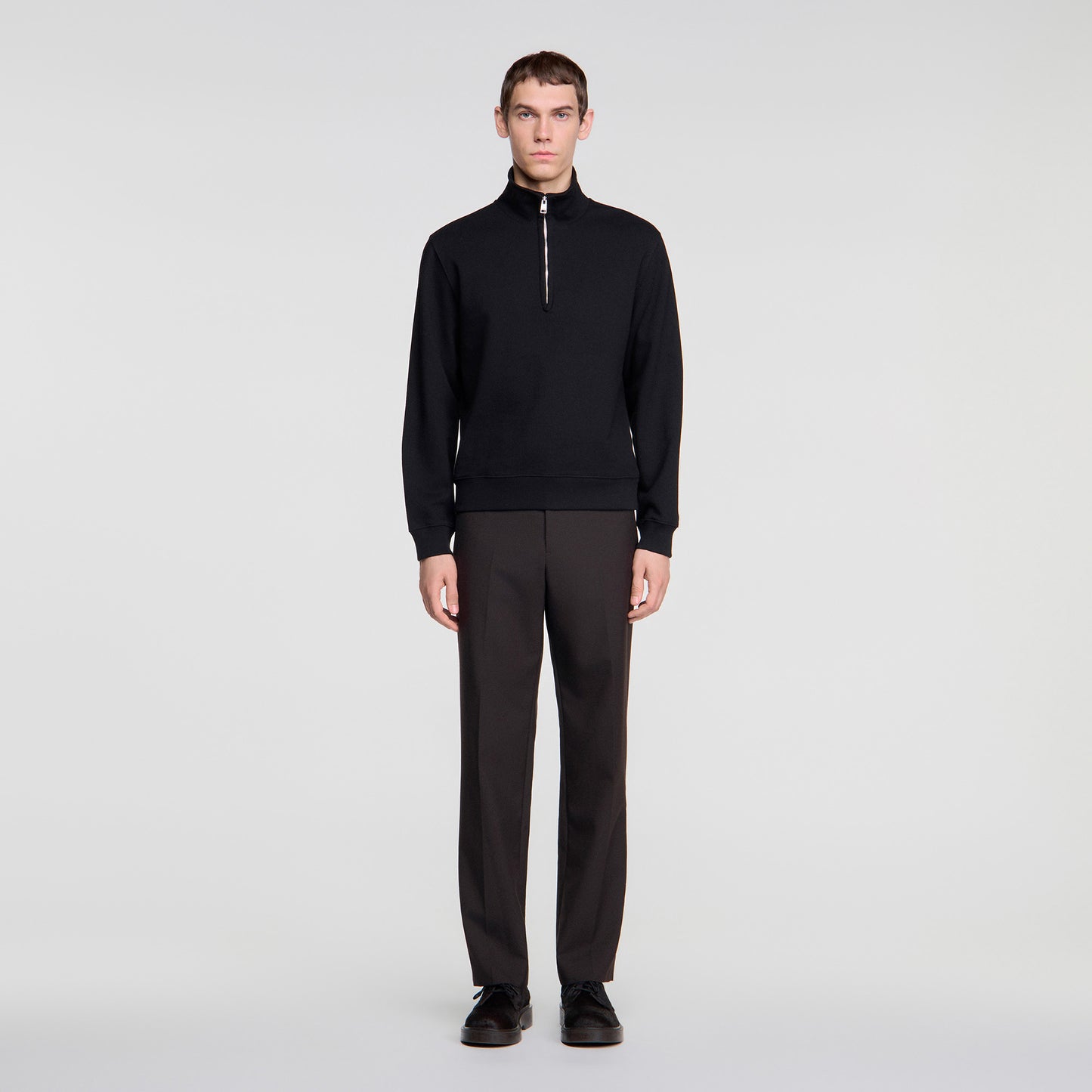Half Zip Cotton Wool Boxy jumper with standing collar Black