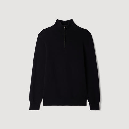 Half Zip Cotton Wool Boxy jumper with standing collar Black