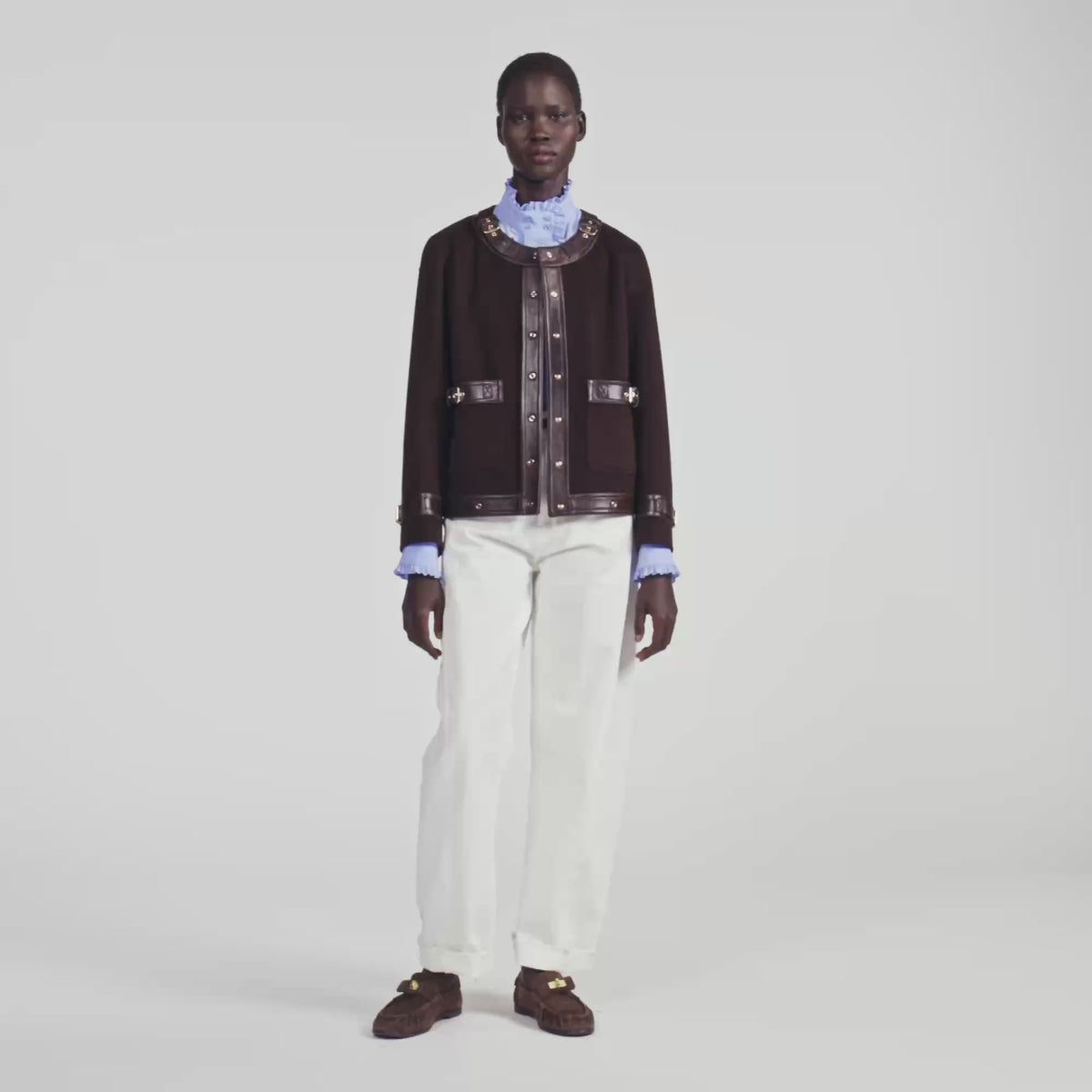 Greenwich Short coat with leather details Brown