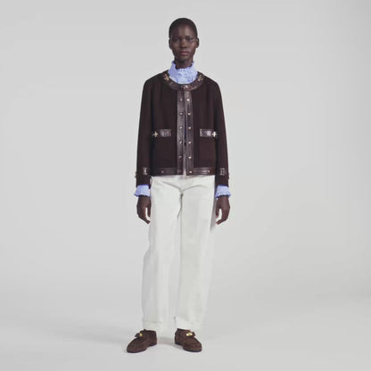 Greenwich Short coat with leather details Brown
