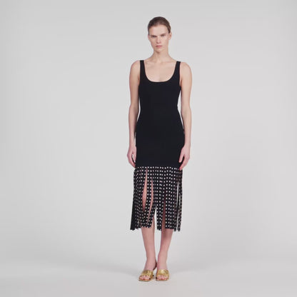 Amelia Fringed Knit Maxi Dress Black