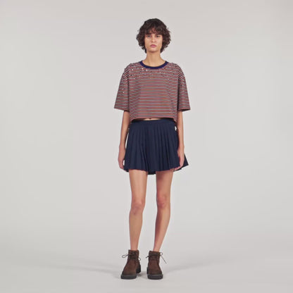 Aristee Striped Rhinestone T-Shirt Brown / Deep Blu