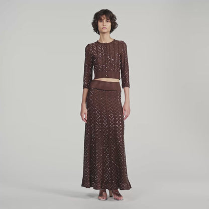 Leslie Long rhinestone knit skirt Brown