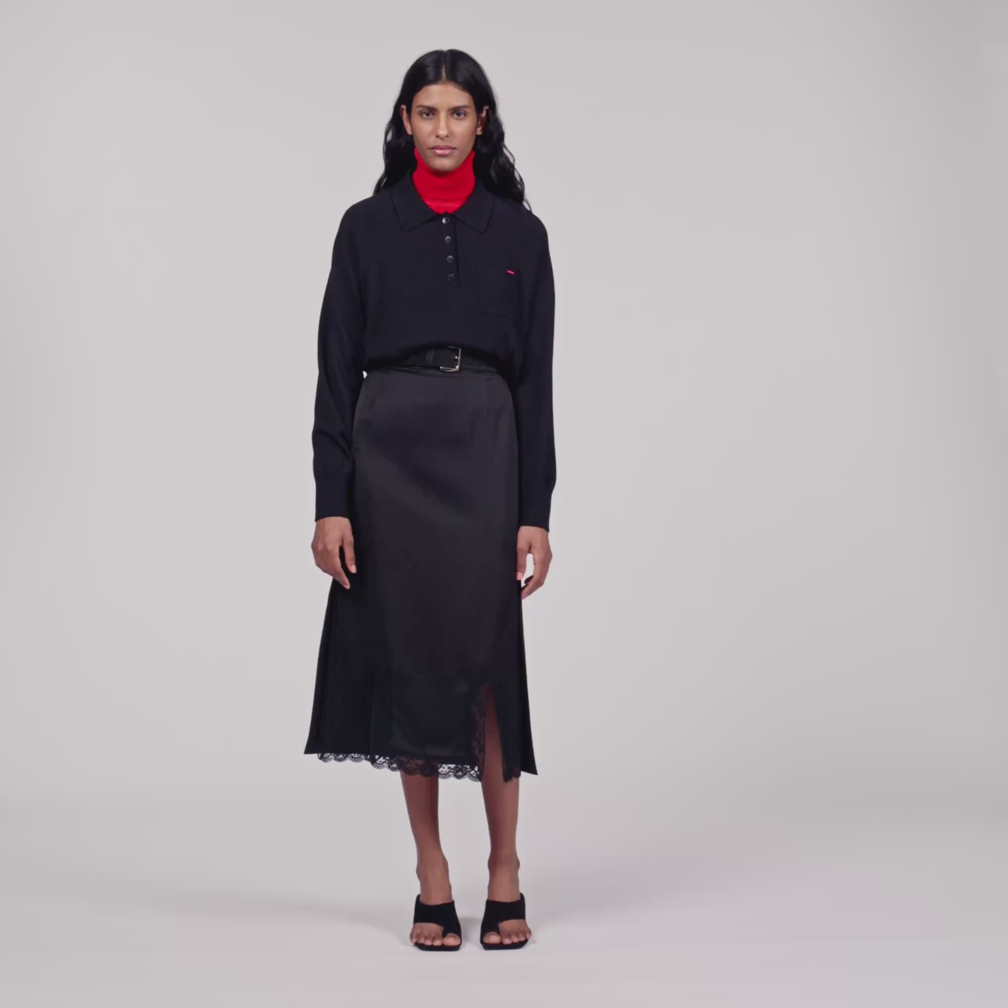 Enja Long Mixed-Material Lace Skirt Black